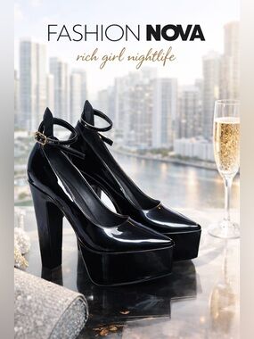 Fashion Nova Odetta Platform Ankle Strap Heels Black Patent Size 11